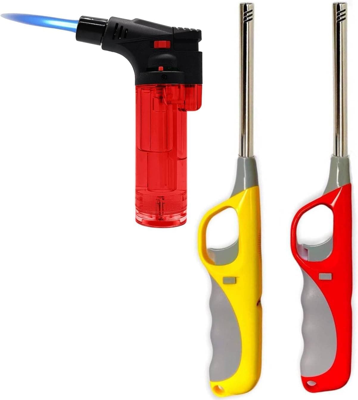 – Gas Lighter for Kitchen Refillable 3 Pack Set, Multi-Purpose, Wind Resistant, Stainless Steel Long Nozzle Flame Lighter for BBQ Grill/Candle/Bakhoor Charcoal (Gas Not Included, Random Color)