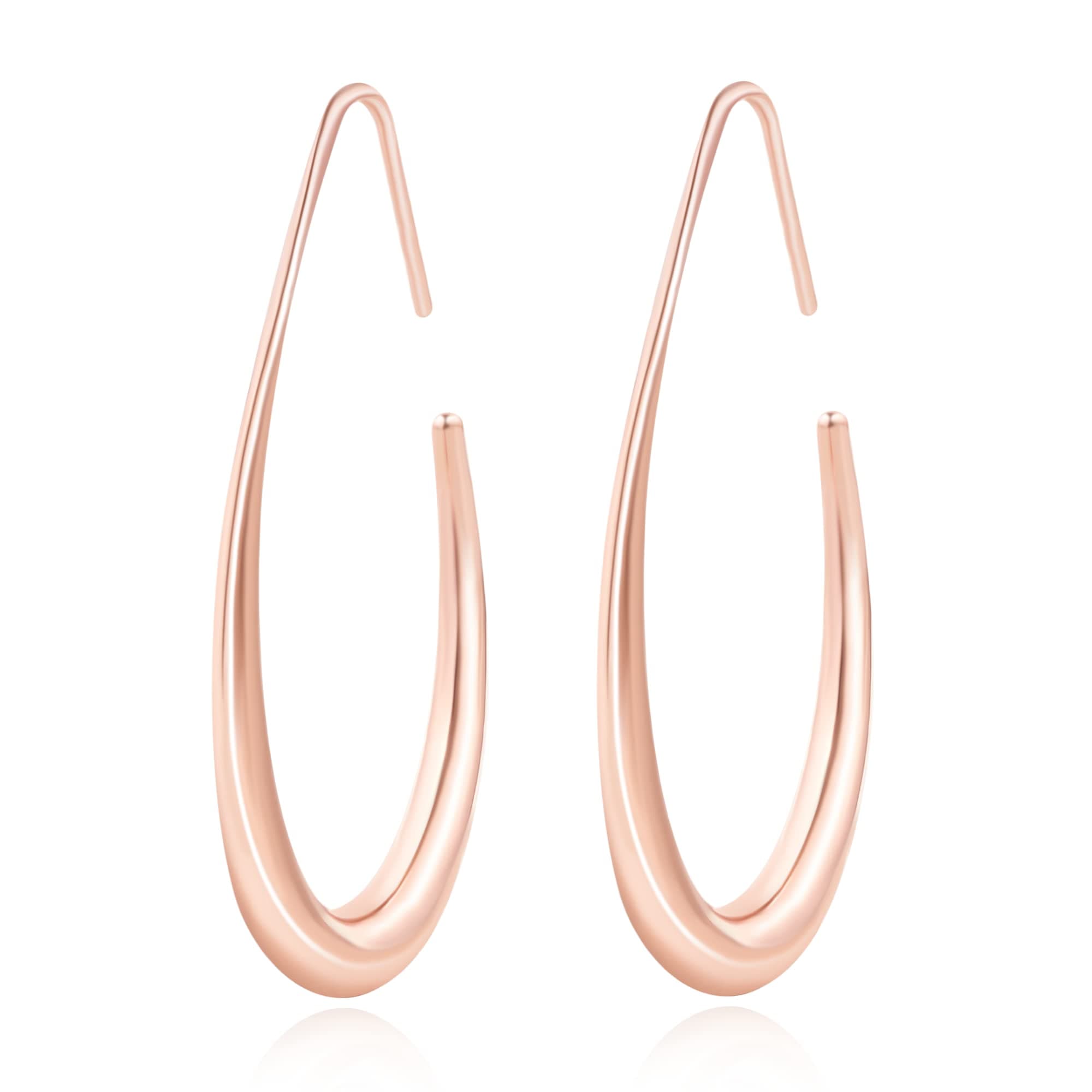Lightweight Teardrop Hoop Earrings for Women - 14k Gold/White Gold Plated Large Oval Pull Through Hoop Earrings High Polished Statement Jewelry Gift for Women