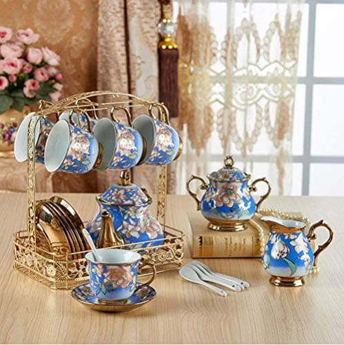 In2Ho Luxury European Ceramic Coffee and Tea Set Porcelain Tea Service Tableware with Metal Rack Kitchen Dining Home Design Vintage Christmas Decoration Gift (Blue 22Pcs)