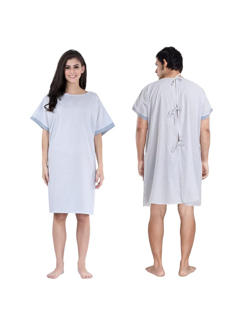 PIU Hospital Patient Care Gown/OT Gown | Poly Cotton Comfortable Patient Wear for Men and Women | Both Side Wearable | Blue Dots | Free Size Fits Upto 4XL