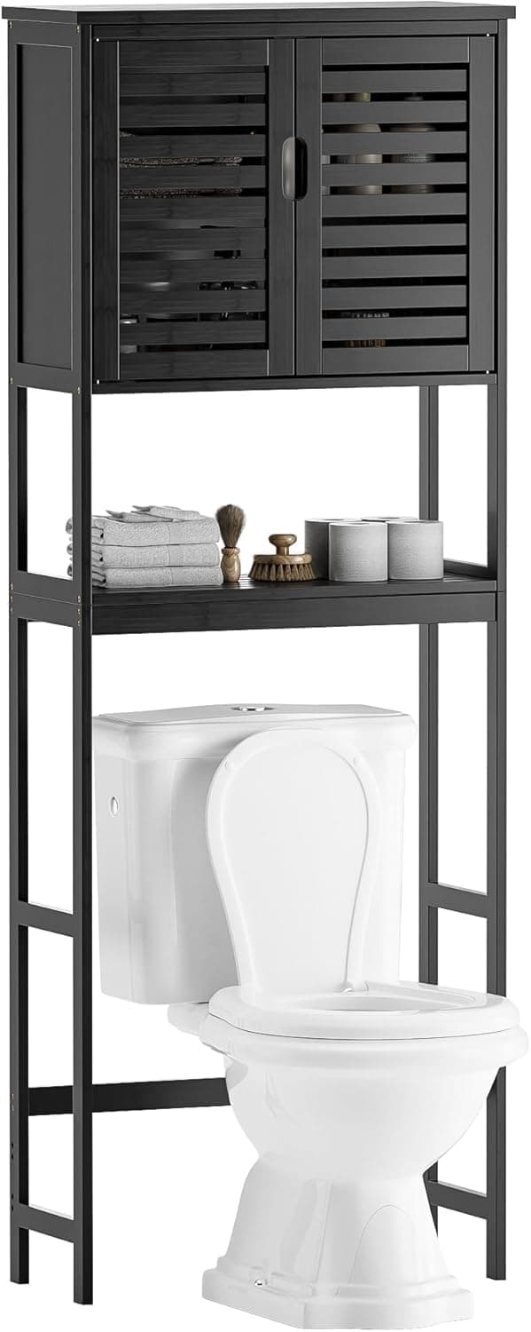 SMIBUY Bathroom Storage Shelf with Cabinet, Bamboo Over-The-Toilet Organizer Rack, Freestanding Toilet Space Saver with 3-Tier Adjustable Shelves (Black)