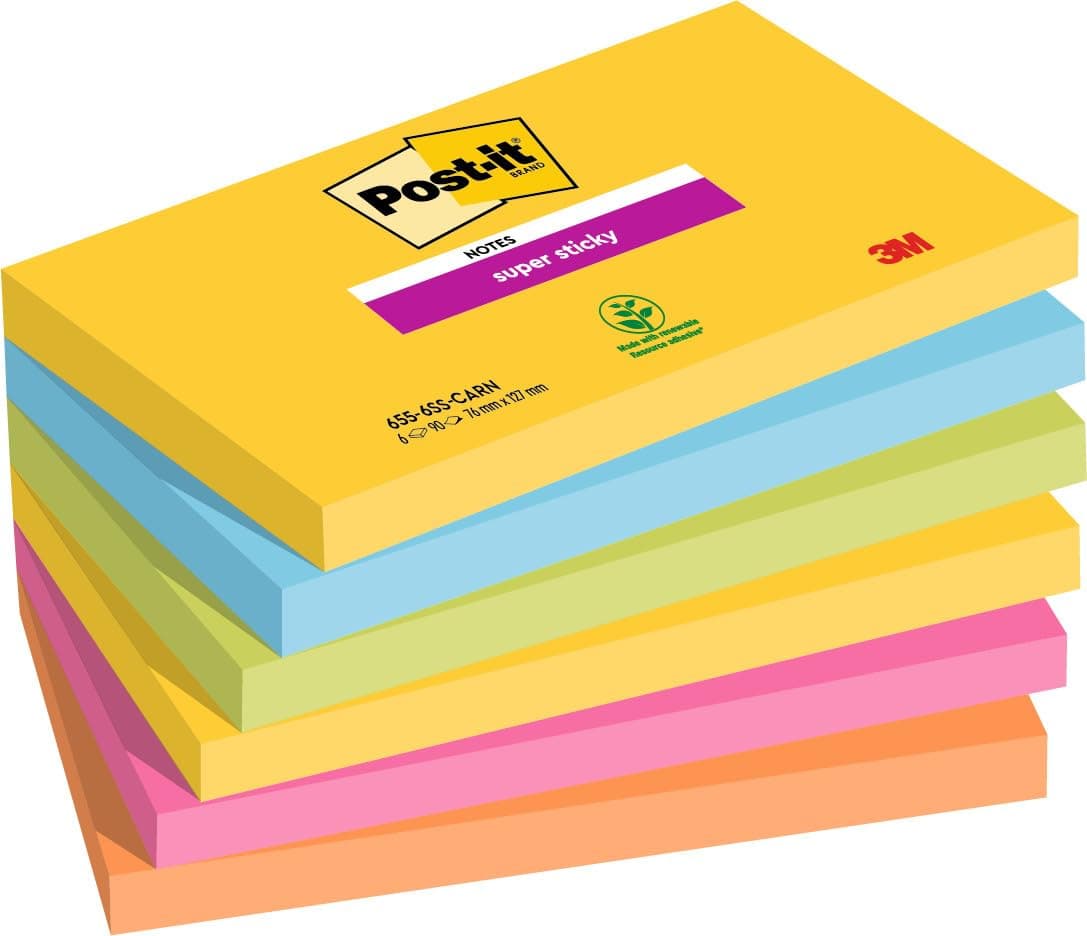 Post-it 6556SR 76 x 127 mm Super Sticky Notes, Rio Colour Collection, 6 Pads (90 Sheets Per Pad)