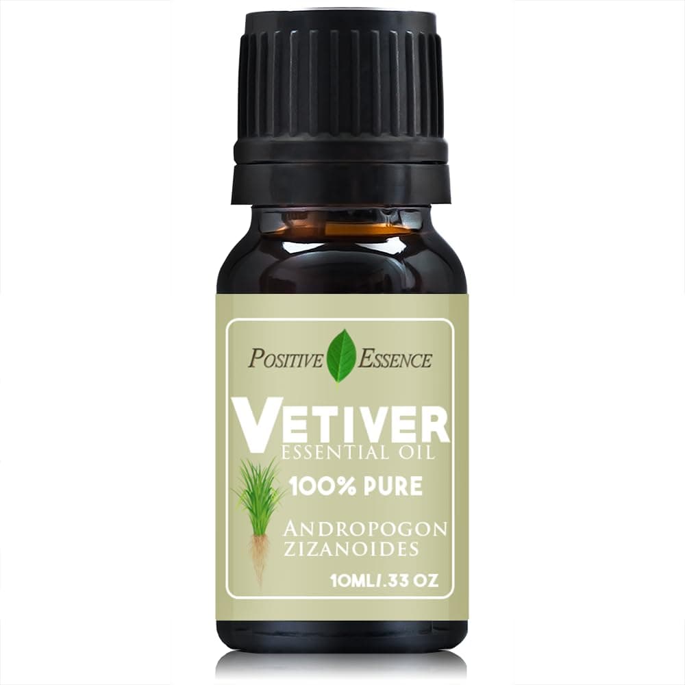 Positive Essence Vetiver Essential Oil, 100% Pure and Natural, Therapeutic Grade, Sleep Inducing Organic Vetiver Oil for Diffuser or Aromatherapy, 10ml .33 fl oz, Chrysopogon zizanioides