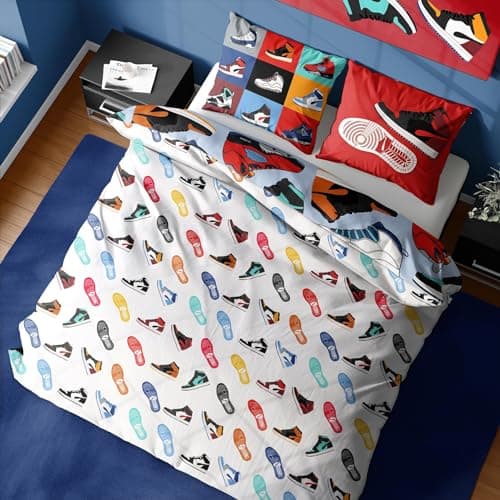 K Collection Sneaker City Duvet Cover - Hi Top Trainers Sneaker Design - Reversible Bedding Set - Double Duvet Cover and Pillowcase Set