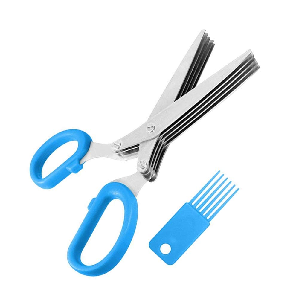 YuamMei Stainless Steel Herb Scissors, Multipurpose Kitchen Shear with 5 Blades and Cleaning Brush for Home, Cooking (Blue)