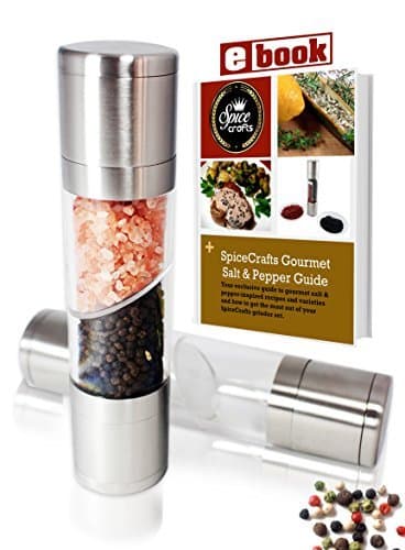 The Original SpiceCrafts Salt and Pepper Grinder Set, Stainless Steel Kitchen Tool, FREE Recipe eBook & Guide, Pure Ceramic, Dual Mill, Beautiful Centerpiece and cooking utensil