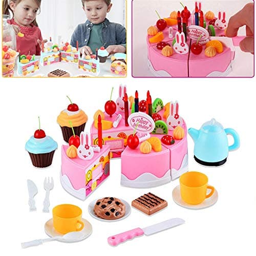 54pcs Play Birthday Cake Children's Day Gift Play Food Toy Set DIY Cutting Pretend Play Birthday Party Cake with Candles for Children Kids Classic Toy