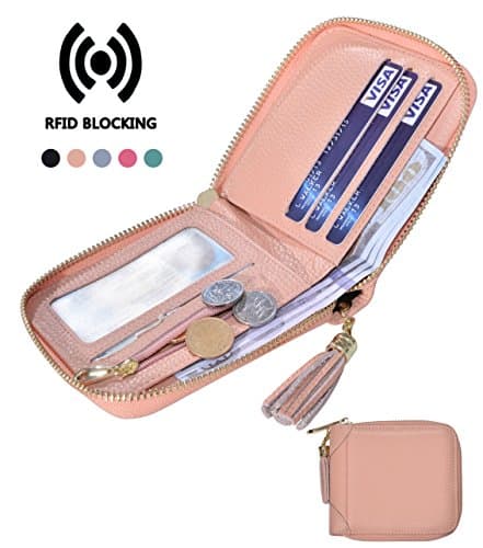 Beurlike Women's RFID Security Leather Wallets Compact Small Zip Around Wallet (Pink)