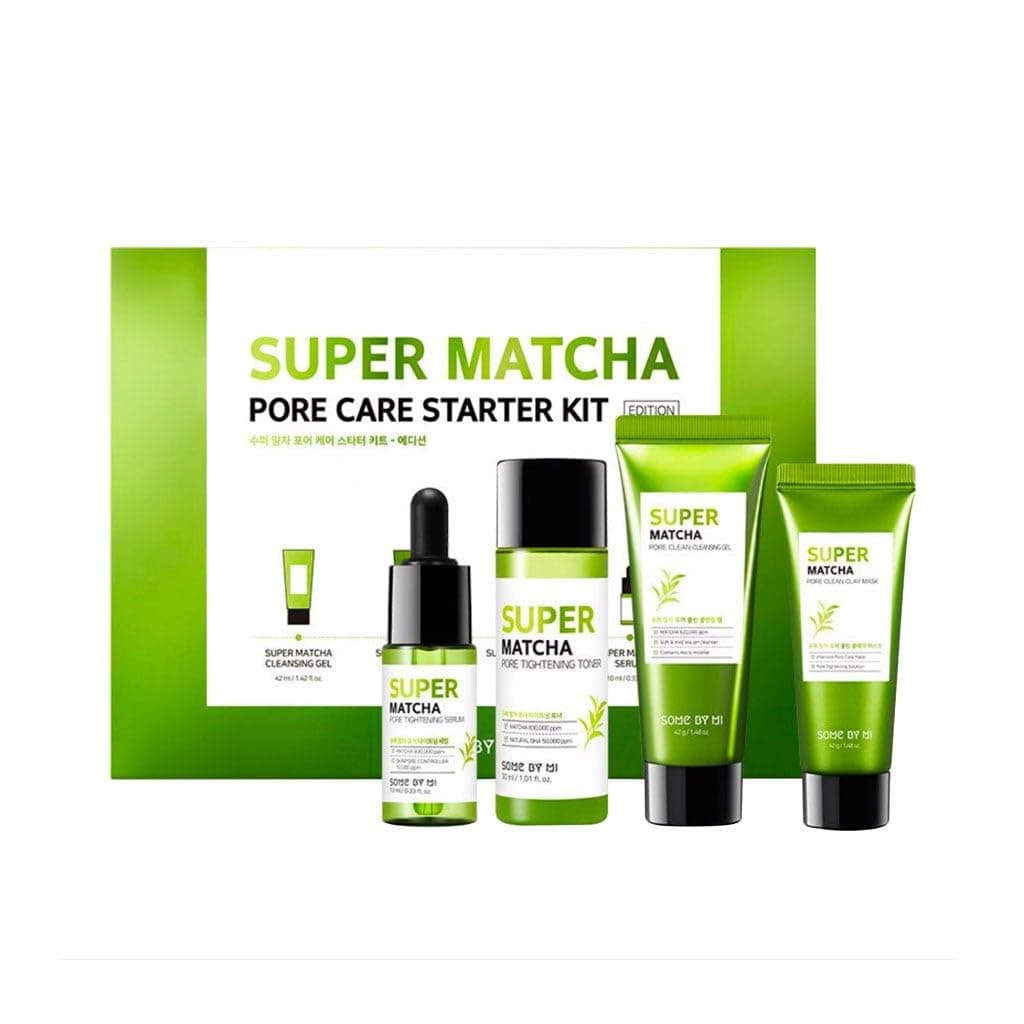 SOME BY MI Super Matcha Pore Care Starter Kit - Toner 1.01Oz, Serum 0.33Oz, Cleansing Gel 1.42Oz, Clay Mask 1.48Oz - Daily Skin Care Set with Greentea - Blackheads and Pore Care - Korean Skin Care