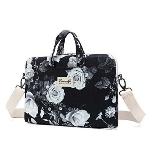 Canvaslife White Flower Patten Waterproof Laptop Shoulder Messenger Bag Case Sleeve for 14 Inch 15 Inch Laptop MacBook Pro 15 Case Laptop Briefcase 15.6 Inch