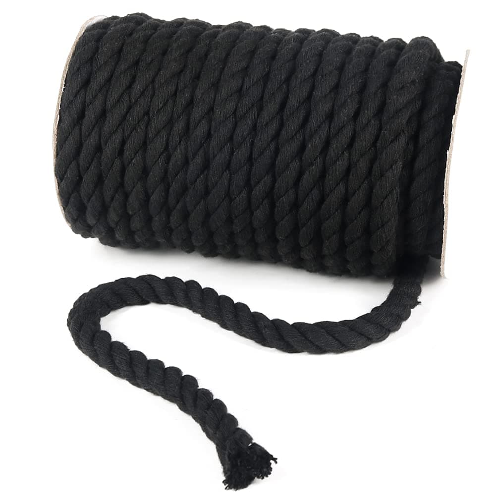 tenn well 10mm Cotton Rope, 50 Feet Thick Multifunctional Craft Rope for Macrame Knitting, Wall Hangings DIY Crafts and Decoration (Black)