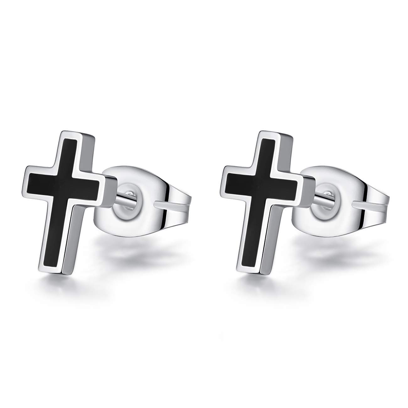 REVEMCN 925 Sterling Silver and Stainless Steel Cross Stud Earrings for Women Men, 3 Pairs