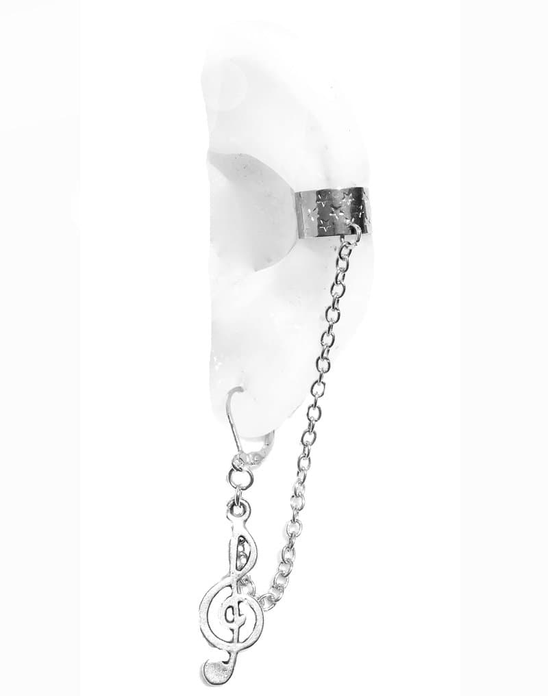 "Melody" Silver Tone Treble Clef Charms Chained to Leverback Earring Set with Clip on Ear Cuff