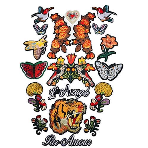 19Pcs/lot Fashion Cool Sewing on Embroidered Patch Applique Flower Snake Tiger Bird Bee Butterfly Applique Patches for Clothing 1set