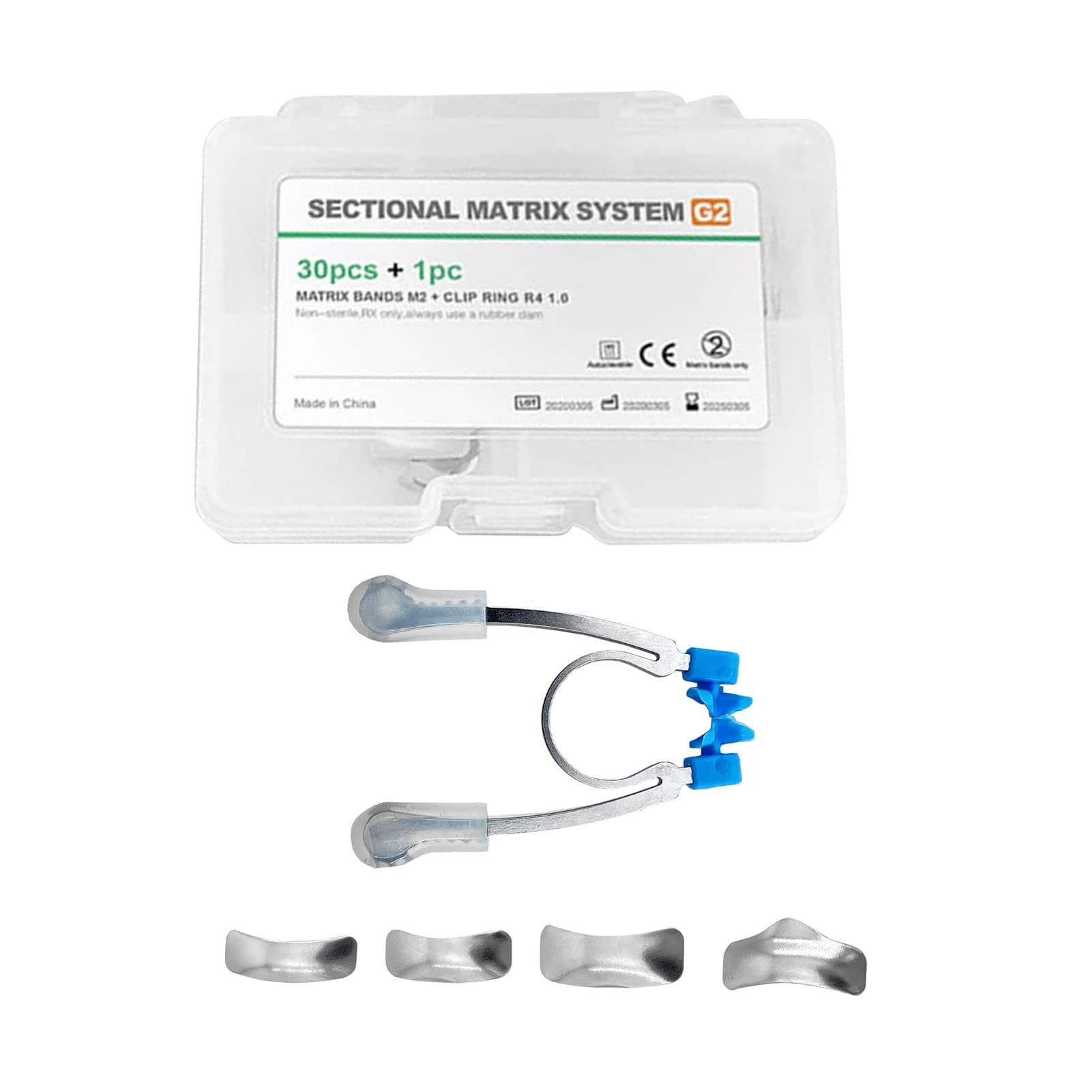 Dental Sectional Contoured Matrix System Kits, 30Pcs Autoclavable Metal Matrices Matrix Bands Refill +1Pcs Clamping Ring Dentist Tools-G2 Set
