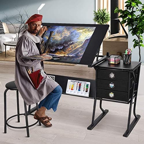 Interactive Desk Adjustable Drafting Table with Stool and Side Drawers Black