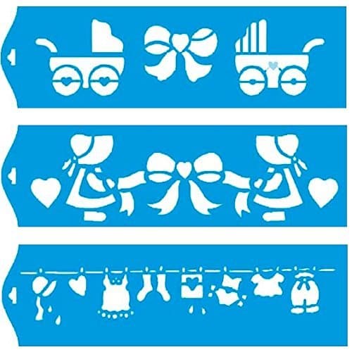 Set of 3 - 11" x 3.3" (28cm x 8cm) Reusable Flexible Plastic Stencil for Graphical Design Airbrush Decorating Wall Furniture Fabric Decorations Drawing Drafting Template - Vintage Baby Girl Cart Cloths