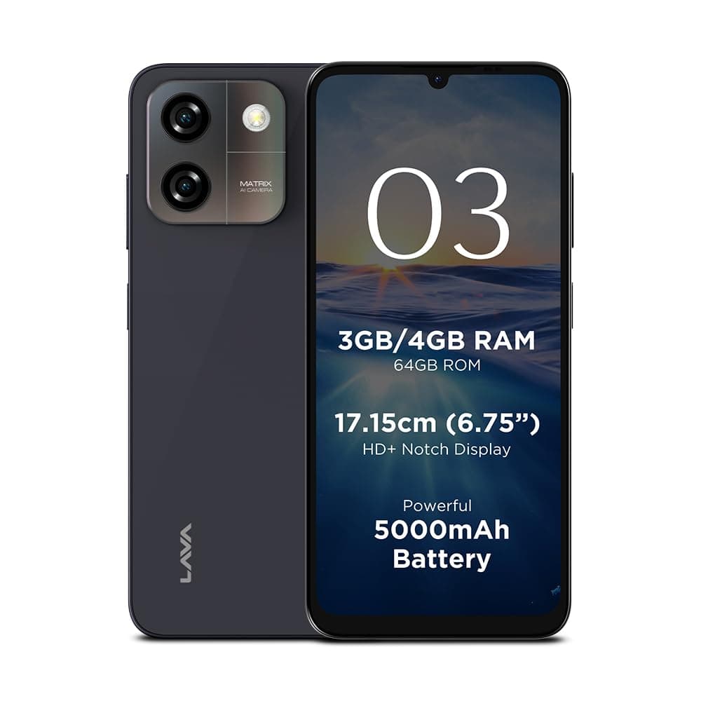 Lava O3 (Glossy Black, 4 GB RAM, 64 GB Storage) | Biggest 6.75" HD+ Display | 13MP AI Dual Rear Camera | 5000 mAh Battery | Secure Face Unlock | Fingerprint Reader | Charger & Phone-Cover in Box