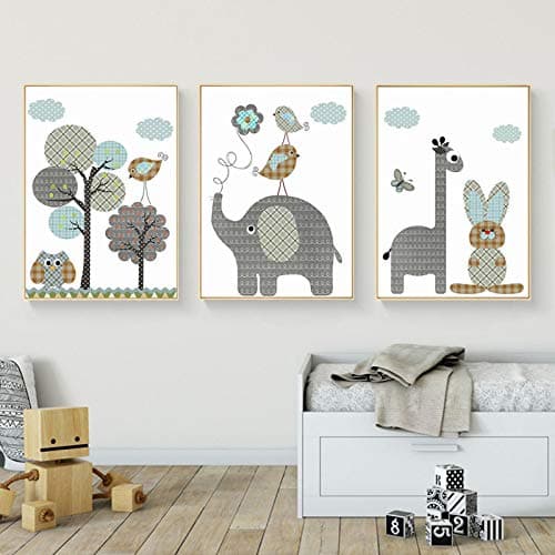 Canvas Wall Art Cartoon Giraffe Rabbit Elephant Animals Canvas Painting Nordic Pictures Wall Art Baby Nursery Rooms Poster Home Decor Unframed 3 Piece Set 50 * 70Cm