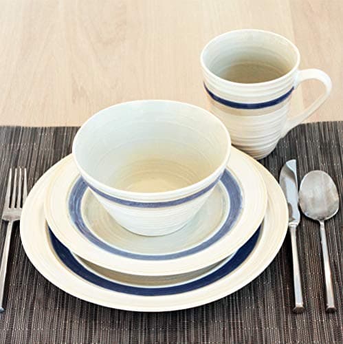 16-PIECE RUSTIC STRIPE WHITE CERAMIC DINNERWARE SET- DISHES, BOWLS, MUGS, SERVICE FOR 4