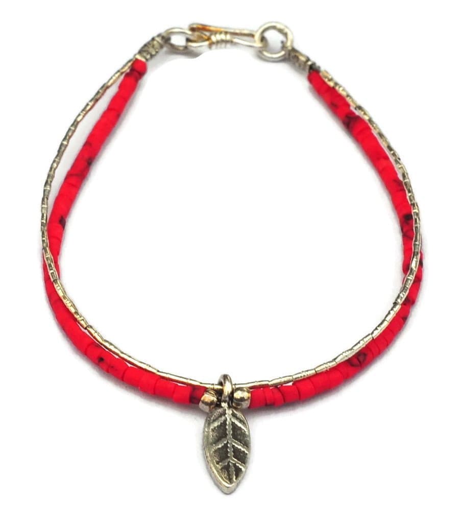 Adults Thai Bracelet 980 Sterling Silver 17-17.5 cm. Silver and Red