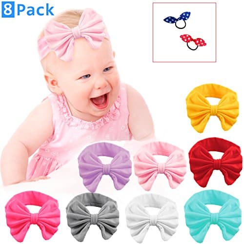 Baby Girl Headbands Set in Pack of 8 Bow Style Hairbands for Newborn - 100% Satisfaction Bundled with Two Hair Ties
