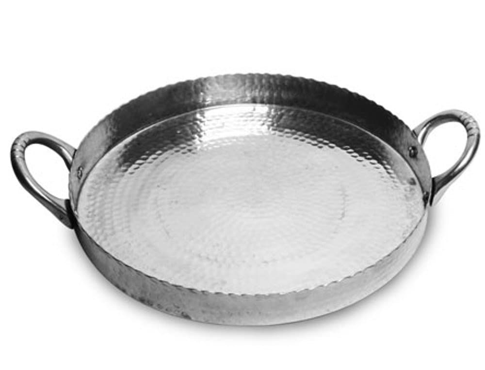 Round Serving Tray with Handles, Hammered Silver Aluminum, 14 inches