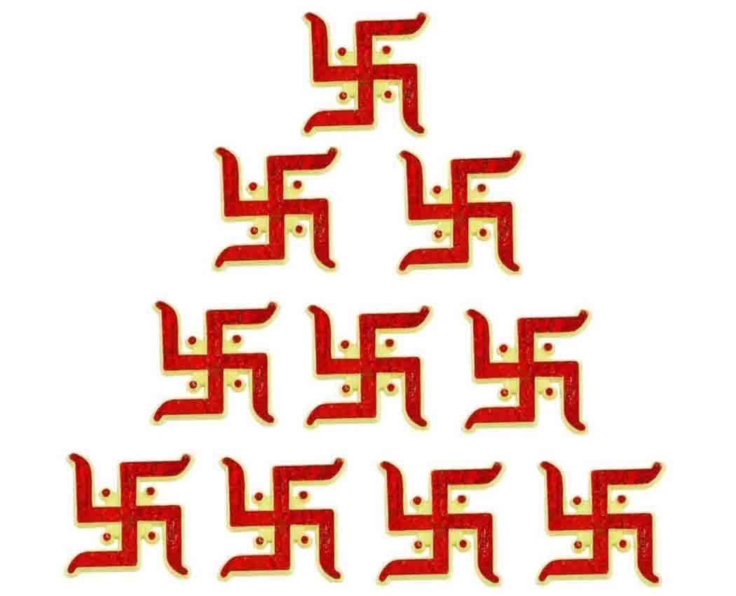 Plastic Swastik Sticker for Door Hindu Symbol Diwali Decoration (Small Size, Set of 10, Red)