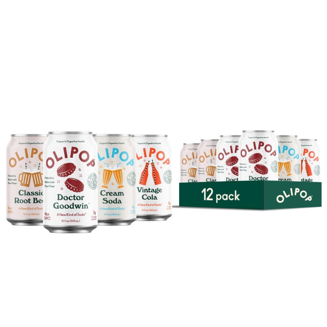 OLIPOP Prebiotic Soda Pop, Classic Soda Variety Pack, A New Kind of Soda Packed with Prebiotics, Fiber, and Botanicals, Gluten Free, Vegan, GMO Free, 12oz (12-Cans)