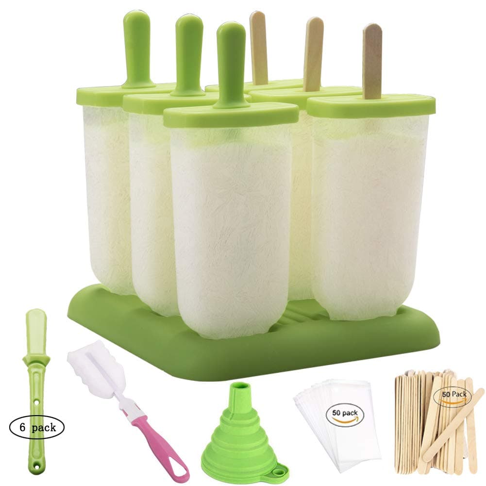 Popsicle Molds Set- 6 Ice Pop Makers + 50 Popsicle Sticks + 50 Popsicle Bags + Silicone Funnel + Cleaning Brush- by Miaowoof