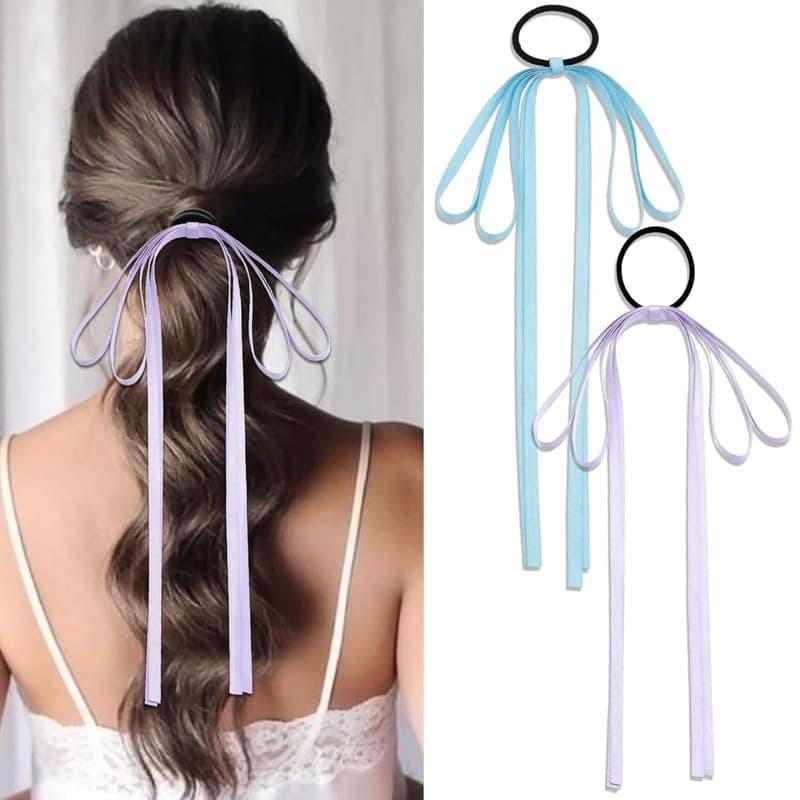 2PCS Luxury Silky Satin Bow Tassel Ribbon Bowknot Hair Ties and Ponytail Holders for Women, Girls, Teens (Purple+Blue)