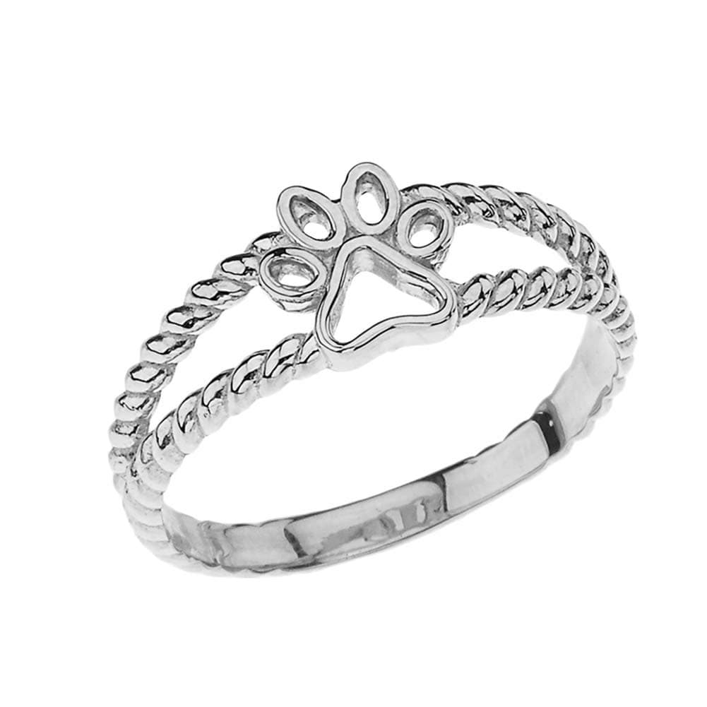 Elegant Sterling Silver Openwork Dog Paw Print Double Rope Ring
