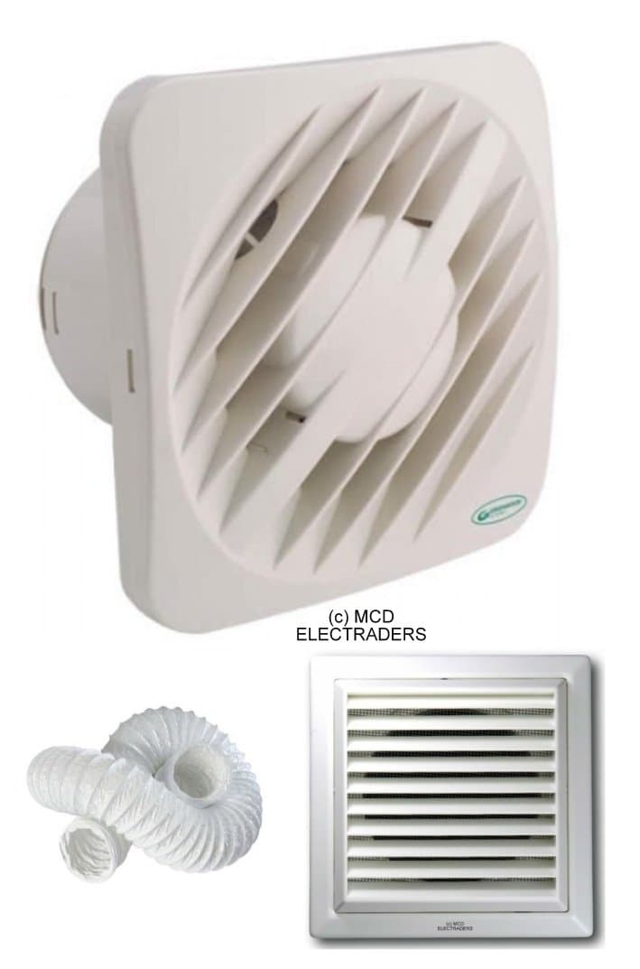Greenwood Airvac AXS100TR Toilet/Bathroom Extractor Fan with run on Timer. Complete with 3 metres PVC Flexible Ducting & Fixed External Vent Grille Outlet