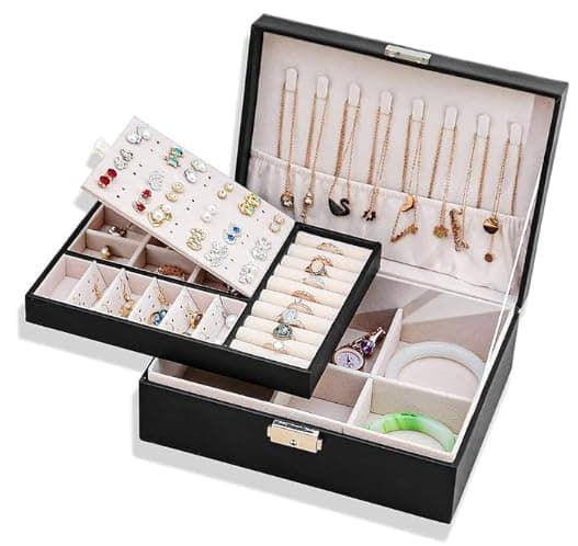 THERES PU Leather 2 Layer Jewelry Boxes for Women with 74 Stud Hole and Lock (Black)