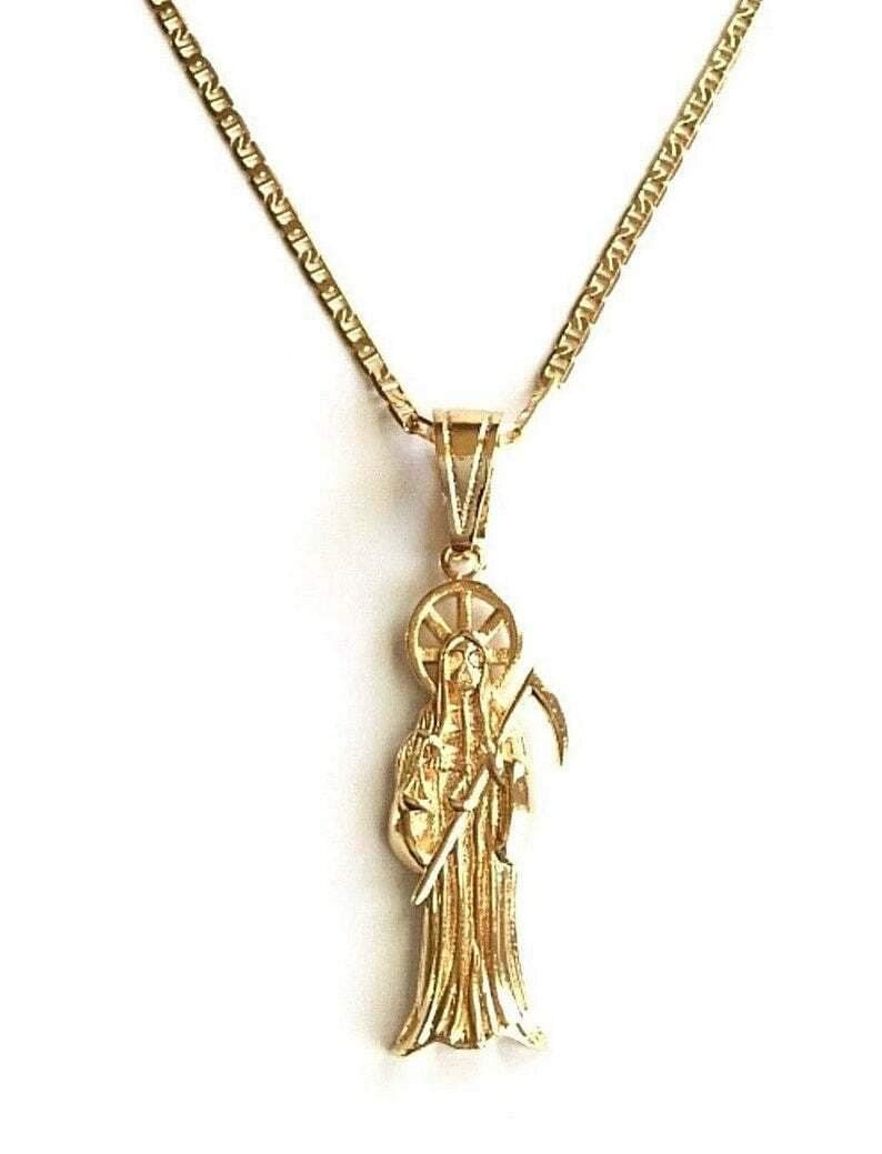 ALEX AND ELSAYonune 18K GOLD PLATED GRIM REAPER NECKLACE 20" LONG / 18K BANO DE ORO CADENA DE LA SANTA MUERTE 20" LARGO-P77