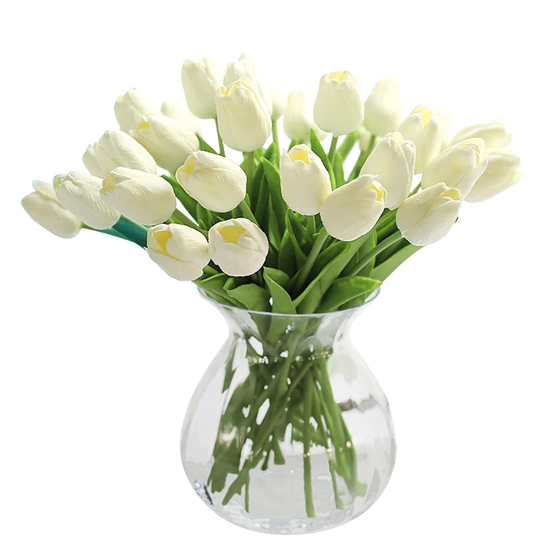 JUSTOYOU 20pcs Real Touch Latex Artificial Tulips Flowers Fake Tulips Flowers Wedding Bouquets for Wedding Home Garden Decoration(White)