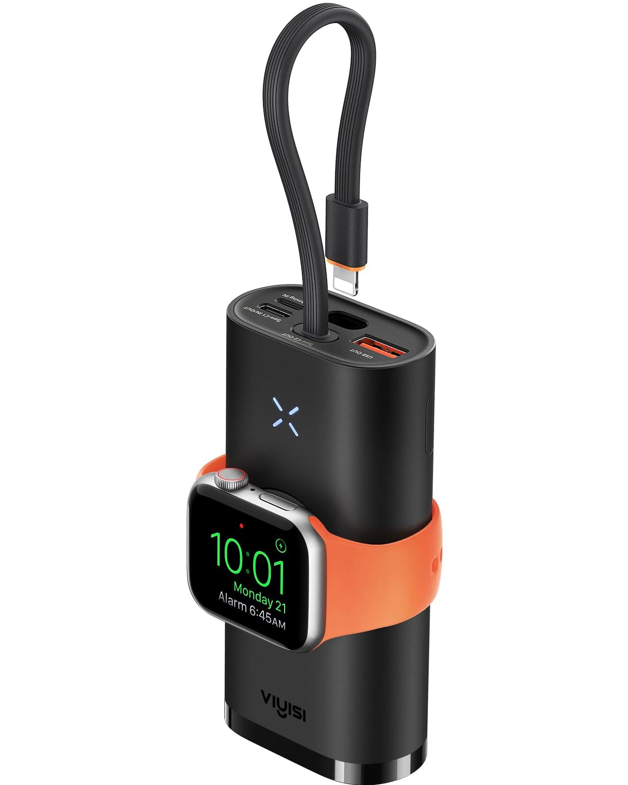 Power Bank with Cable, Fast Charging Battery Pack 10000mAh, 3-in-1 Portable Charger Compatible with iPhone 15 /Pro Max/Plus, Apple Watch Series, Samsung Android Phones & USB C Devices -Black