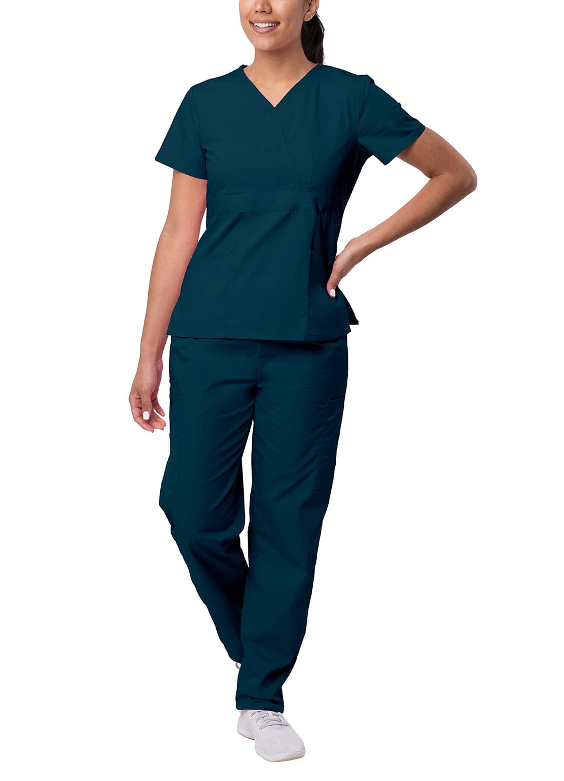 Sivvan Durable Scrubs Set for Women - Mock Wrap Scrub Top & Cargo Drawstring Scrub Pants, 6 Pockets