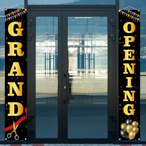 Black and Gold Grand Opening Decorations Outdoor Grand Opening Porch Sign Banner Now Open Signs New Store Restaurant Grocery Cafes Shop Advertising Decorations and Supplies for Business