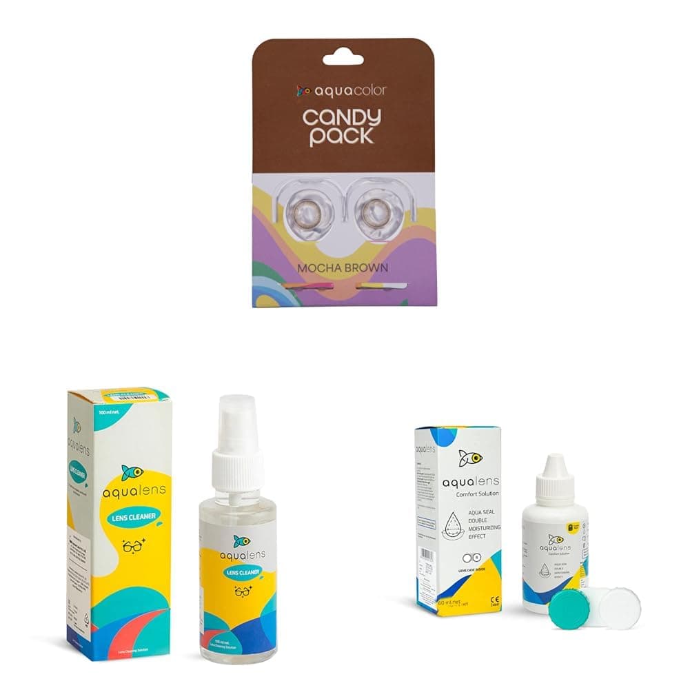 Aquacolor Mocha Brown Candy Pack Zero Power Colored Lenses (2 Lens/Box), Aqualens Spectacle lens cleaner | 100 ML PACK & Aqualens Comfort Contact Lens Solution 60ML - Pack of 1 (Lens Cases Free)