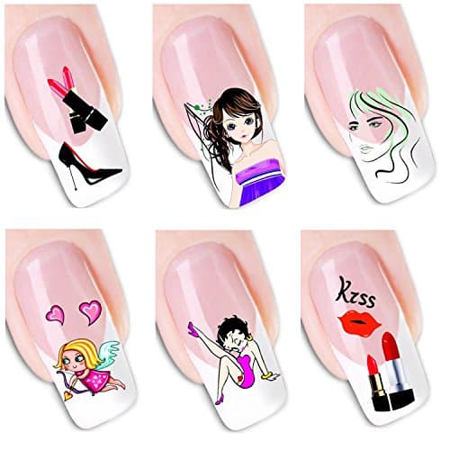 6Pcs Different Designs Nail Art Sticker Sexy Lip Balm Angel Girl DIY Nail Decals Manicure Tool Pedicure Beauty For Nail Spa Decoration Adhesive Foils (Group B)