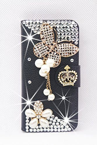 Black Butterfly Luxury 3D Fashion Handmade Bling Diamond Flower Bow PU Flip Leather Case Cover For Smart Mobile Phones ( ZTE Majesty Z796C / Source N9511 )