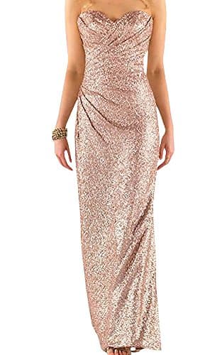 Ever Girl Women's Sweetheart Sequins Long Bridesmaid Dresses Prom Dresses Wedding Party Gown Rose Gold US12
