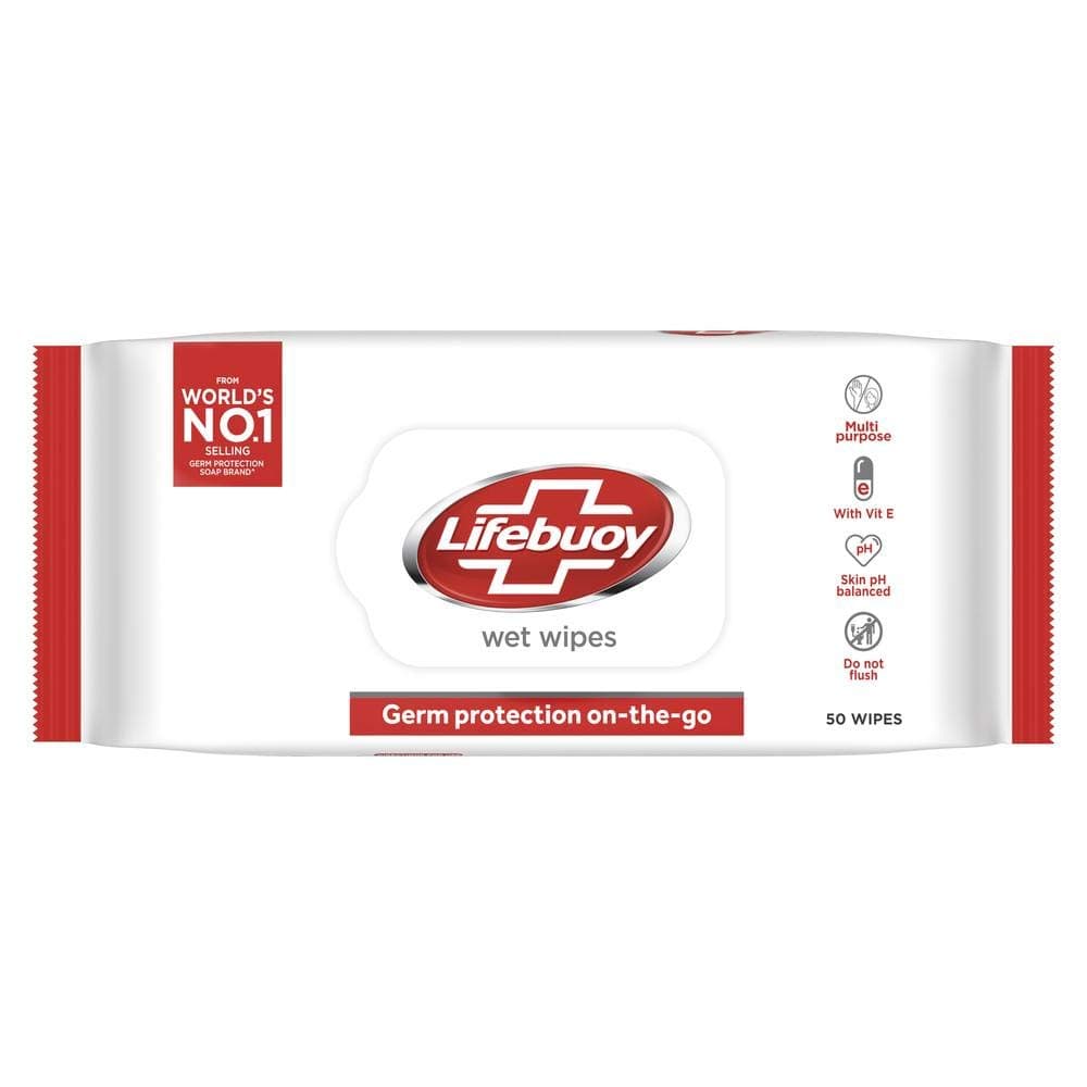 Lifebuoy Germ Protection Wet Wipes, Multi Purpose, Easy To Carry On-The-Go| For Hands, Face & Body | Pack of 50