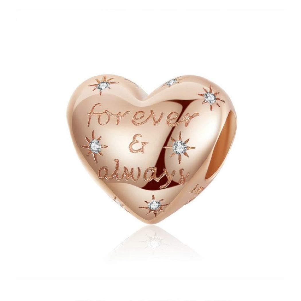 FeatherWish Forever And Always Love Heart Rose Gold 925 Sterling Silver Bead Charms With Cubic Zirconia Compatible With Pandora Bracelet European 3mm Charm Bracelets And Necklace