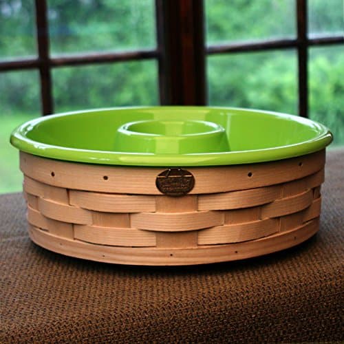 Peterboro Baskets Entertaining Lazy Susan Turntable Carousel Wood Basket Removable Green Chip and Dip Insert - Honey Finish