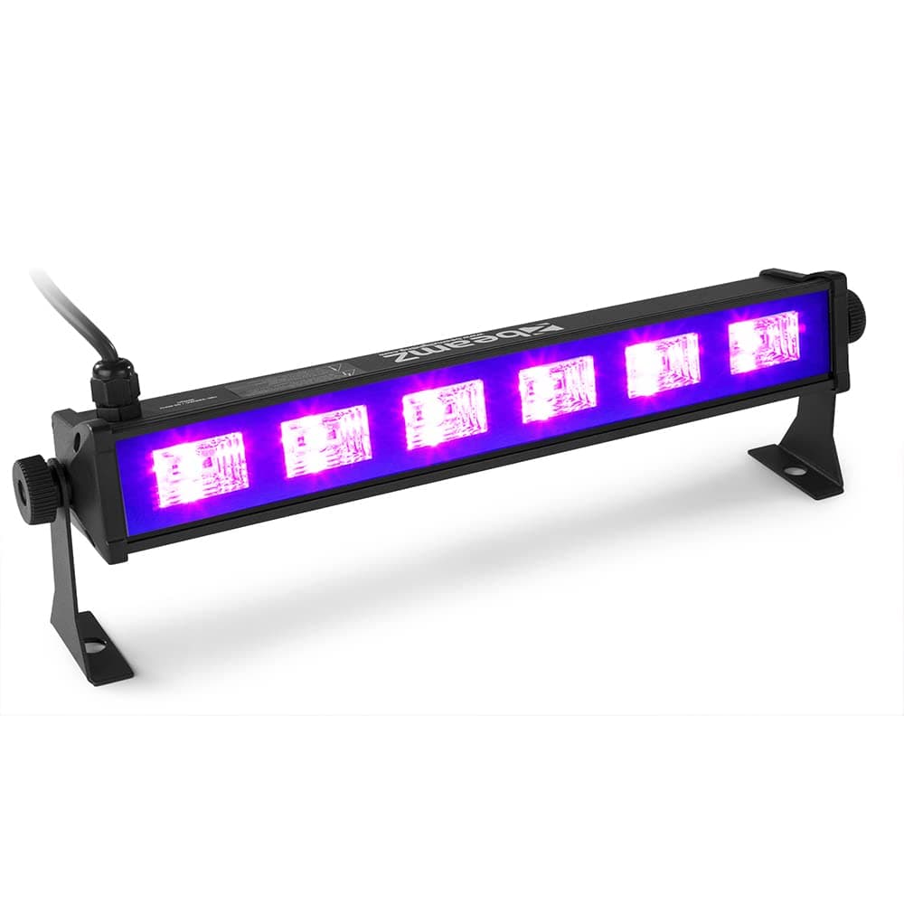 BeamZ BUV63 UV Light Bar 36cm DJ Ultraviolet LED Blacklight Fixture with 6X 3W LEDs, Disco Party Wash Lighting, Adjustable Brackets for Wall or Stand Mounting (Plug & Play)