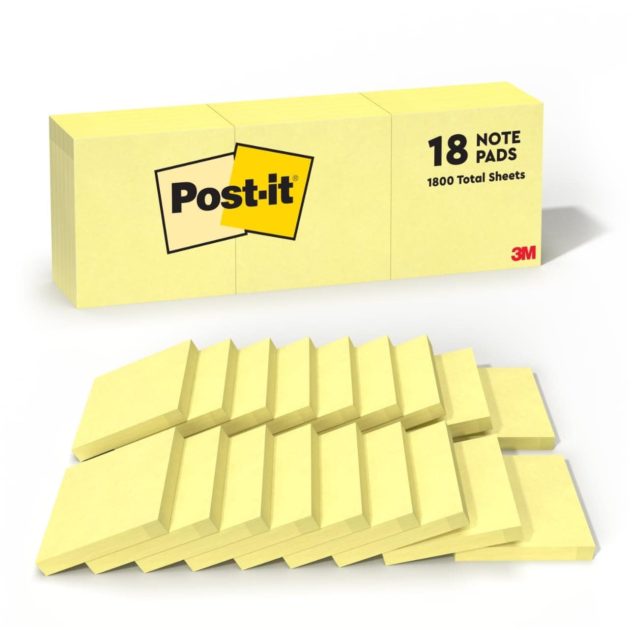 Post-it Notes, 3 in x 3 in, 18 Sticky Notes Pads, 100 Sheets per Pad, The Iconic Canary Yellow Note, School Supplies and Office Products