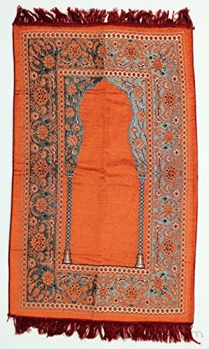Luxury Padded Prayer Mat with Cutwork in Orange Flower Design on Silver