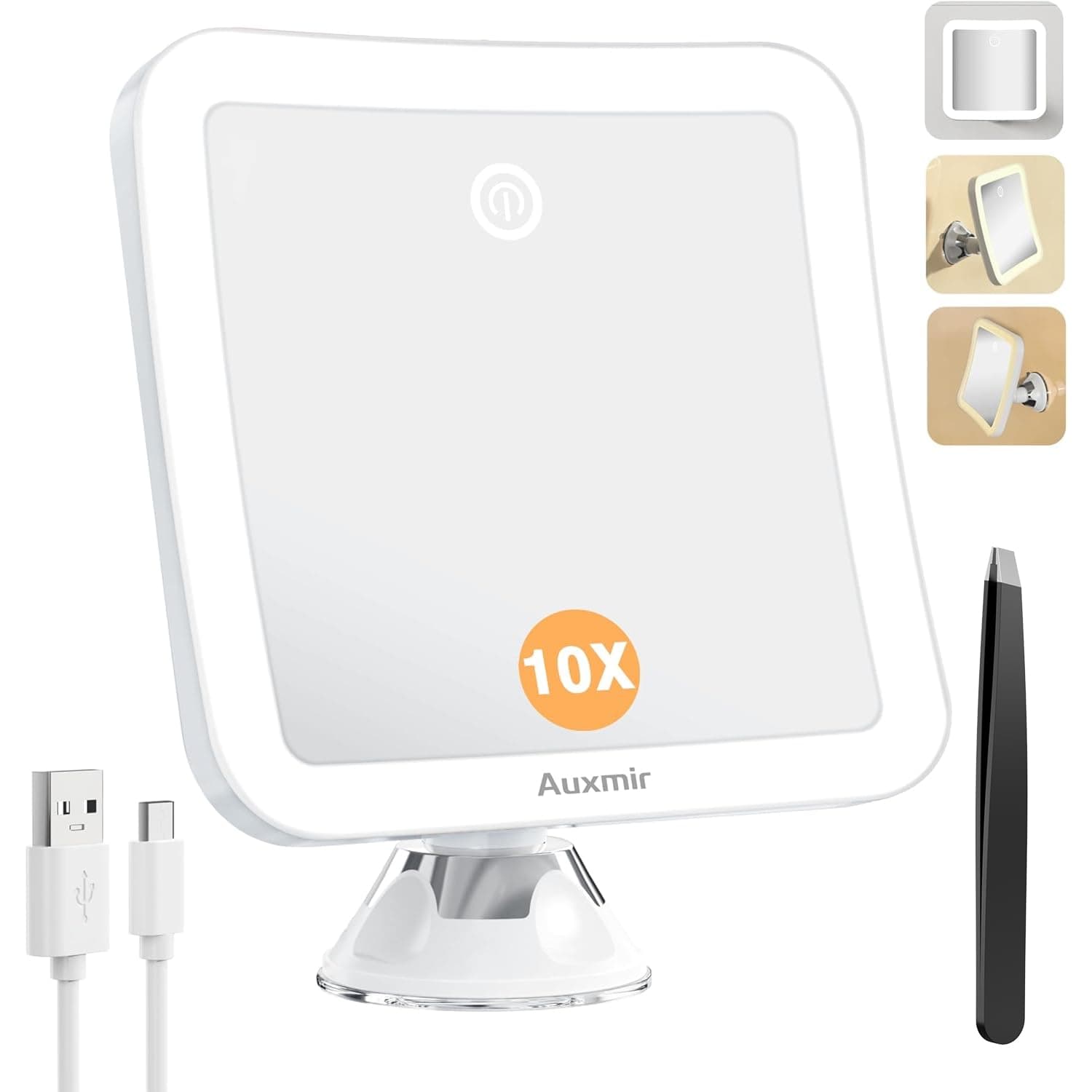 Auxmir Cosmetic Mirror LED Illuminated with 10x Magnification and Suction Cup, 360° Swivel, 3 Light Colours and Dimmable Brightness, Make-Up Mirror Square with Lighting for Home and On The Go